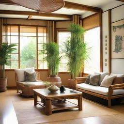 A living room decorated with bamboo and rattan elements, featuring a corner Christmas tree adorned with various accessories. The room conveys a fusion of tropical and Japanese styles.