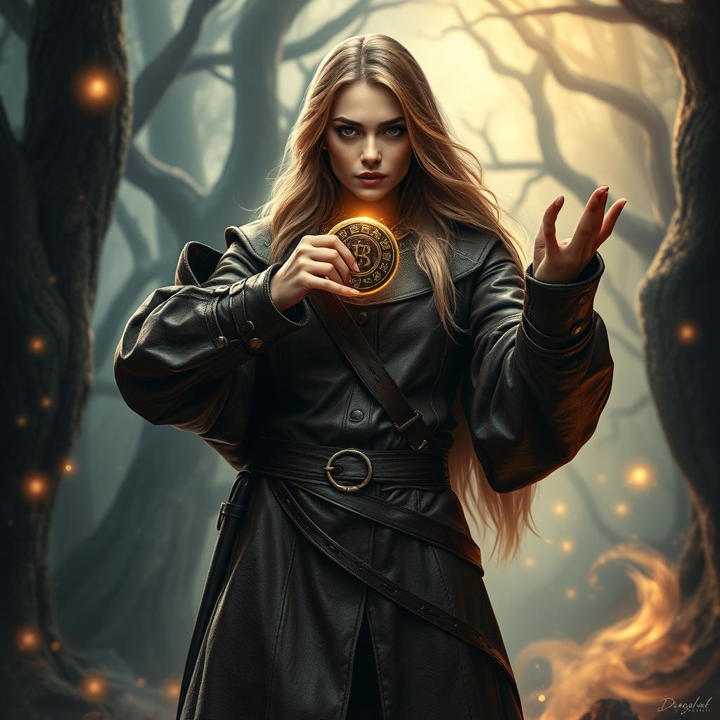A powerful female mage standing confidently, wearing an oversized leather outfit with intricate details, preparing to cast a spell