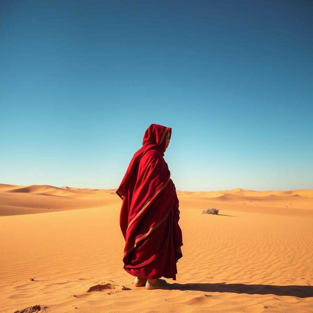 A solitary monk wearing a striking red hood and veil stands in the vast expanse of a desert landscape