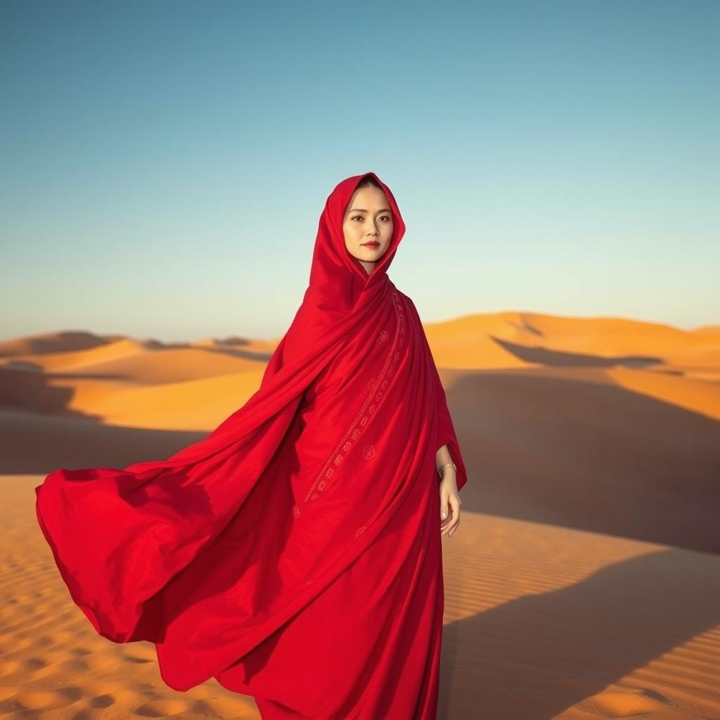 A female monk dressed in a flowing red robe, wearing a distinctive red hood and veil, standing gracefully in a vast desert landscape