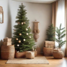 A living room abundantly decorated with bamboo and rattan, a corner Christmas tree embellished with various accessories and gift boxes, exuding a blend of Japanese and Scandinavian style.