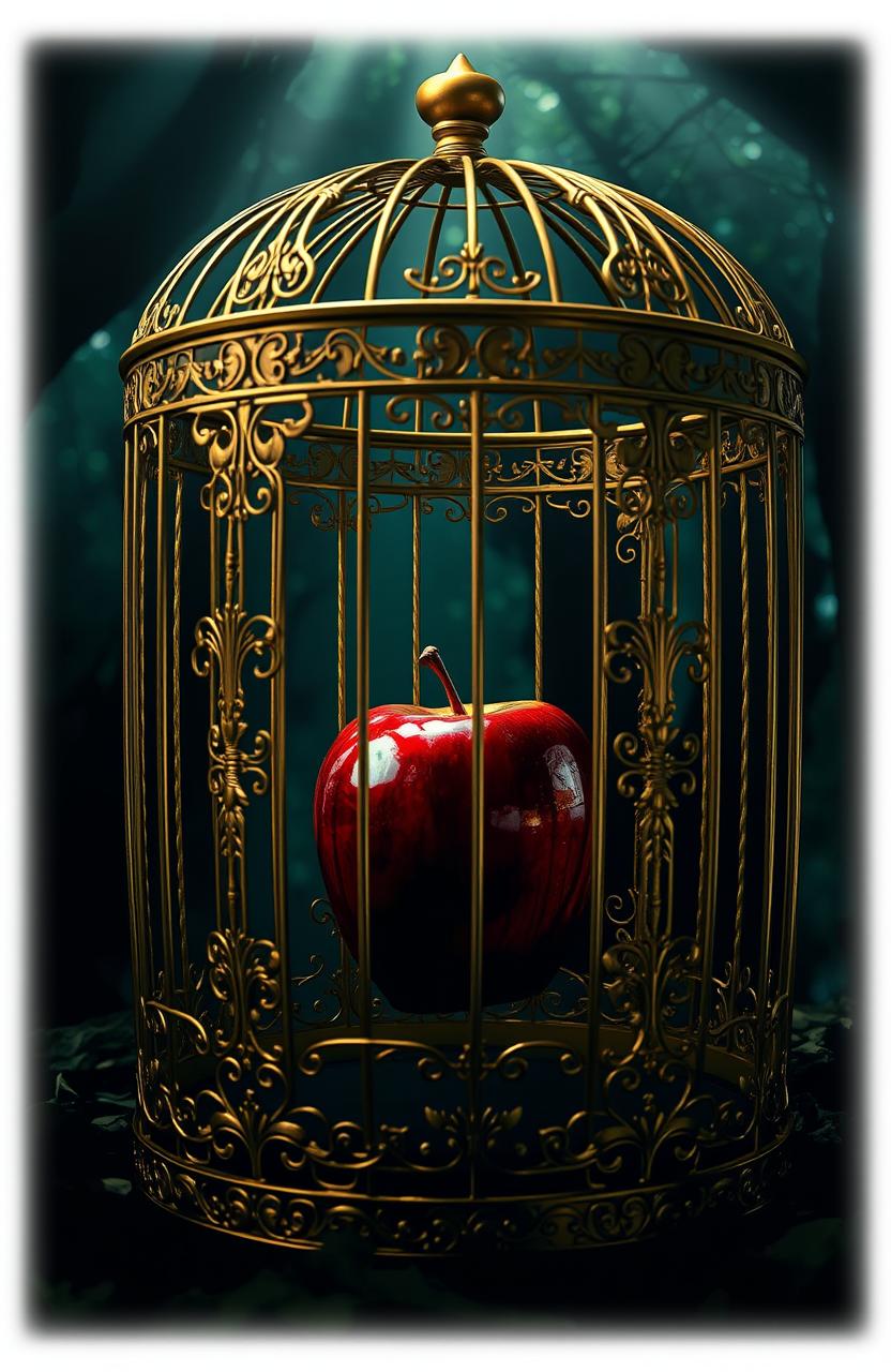 A dramatic scene titled 'El perdedor de MadelineBlight' featuring a beautiful golden cage intricately designed, with delicate filigree and ornate engravings