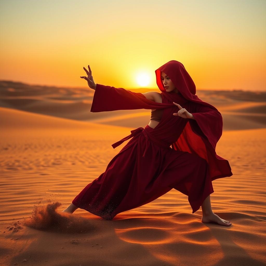 A female monk dressed in a striking red hood and veil, poised in a powerful fighting stance as she performs an elegant kata amidst the vast expanse of a golden desert