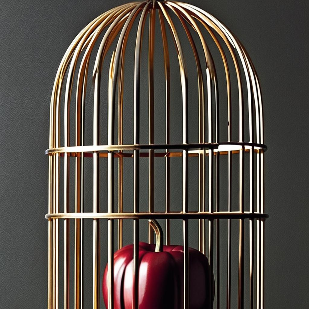 Golden Elegance: Intricate Bird Cage with Red Apple