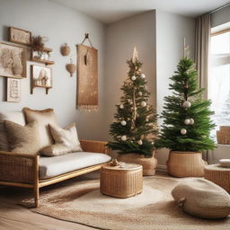 A living room abundantly decorated with bamboo and rattan, a corner Christmas tree embellished with various accessories and gift boxes, exuding a blend of Japanese and Scandinavian style.