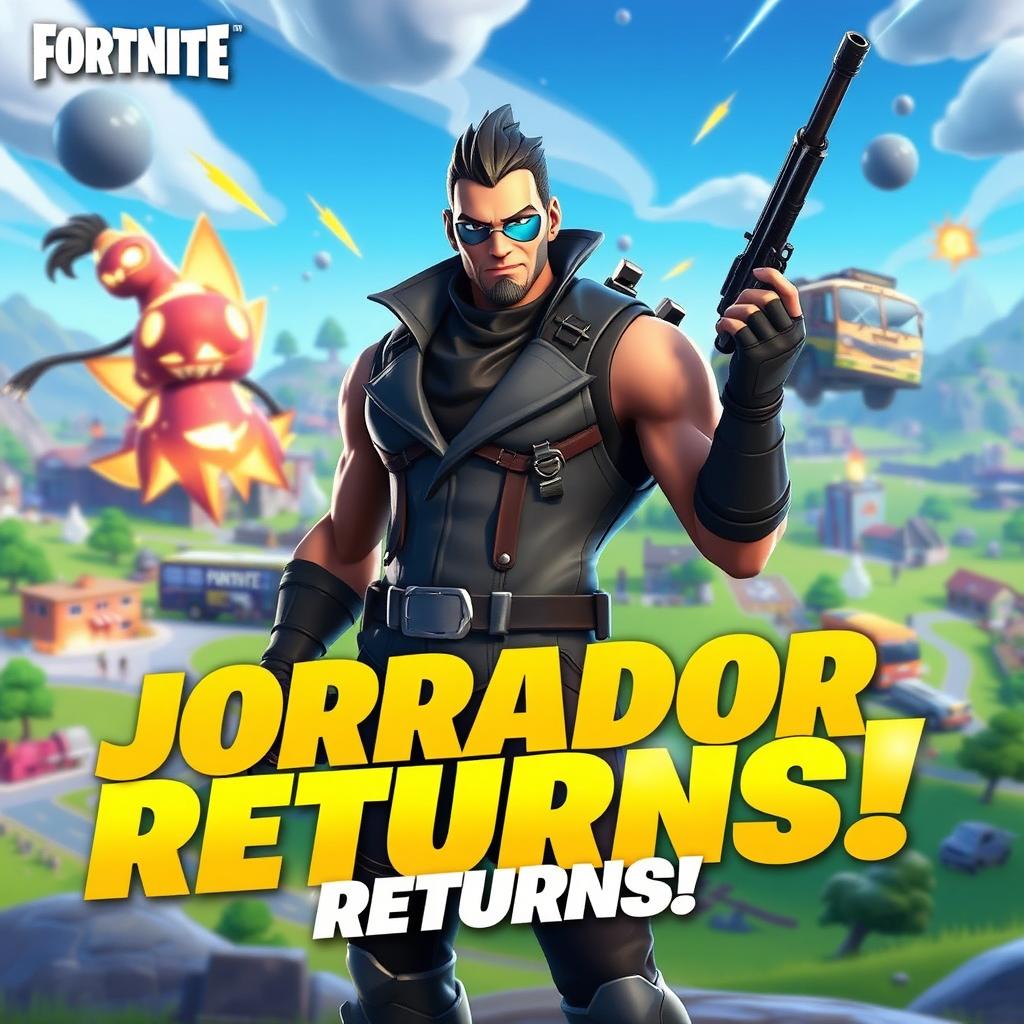 A vibrant and dynamic YouTube thumbnail showcasing Fortnite Reload, featuring the character 'Jorrador' returning to the game