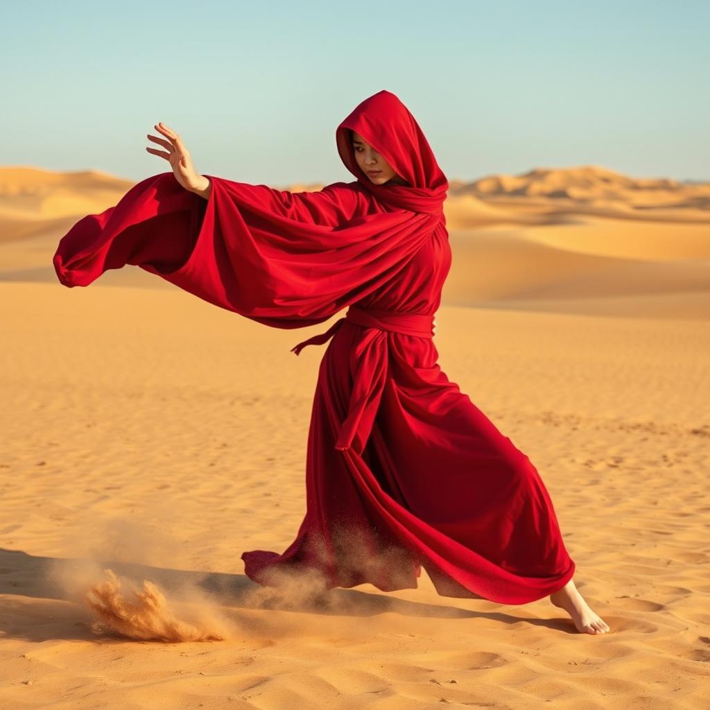 A female monk dressed in a flowing red hood and veil, striking a dynamic fighting stance as she completes a kata in a vast desert landscape