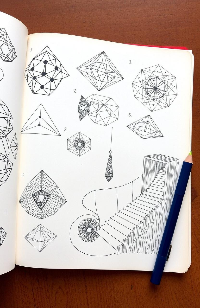 A hand-drawn collection of impossible geometry dot-to-dot puzzles, featuring intricate designs that challenge perception and logic