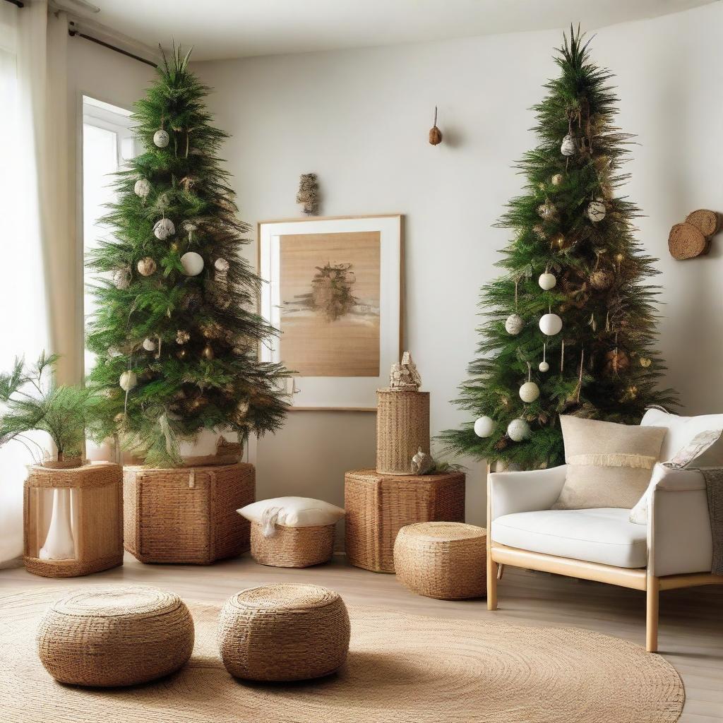 A living room abundantly decorated with bamboo and rattan, a corner Christmas tree embellished with various accessories and gift boxes, exuding a blend of Japanese and Scandinavian style.