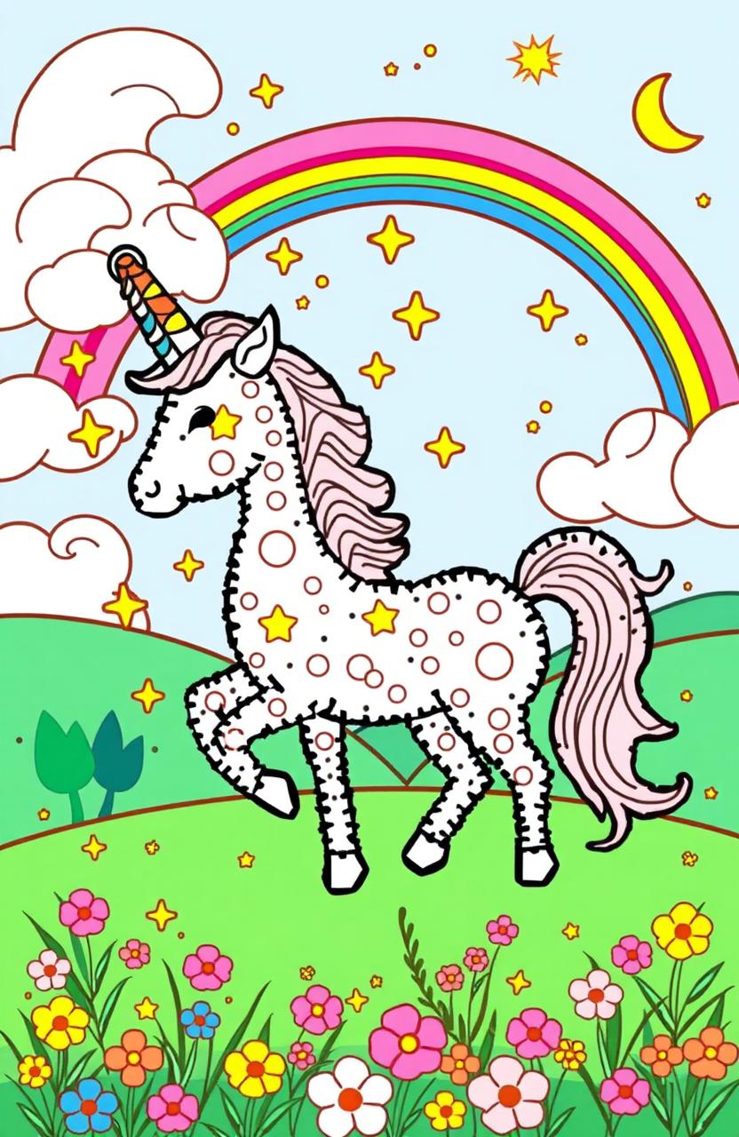 A whimsical and vibrant dot-to-dot image featuring a fantastical creature, like a unicorn, made up of numerous dots and stars connecting to create an enchanting scene