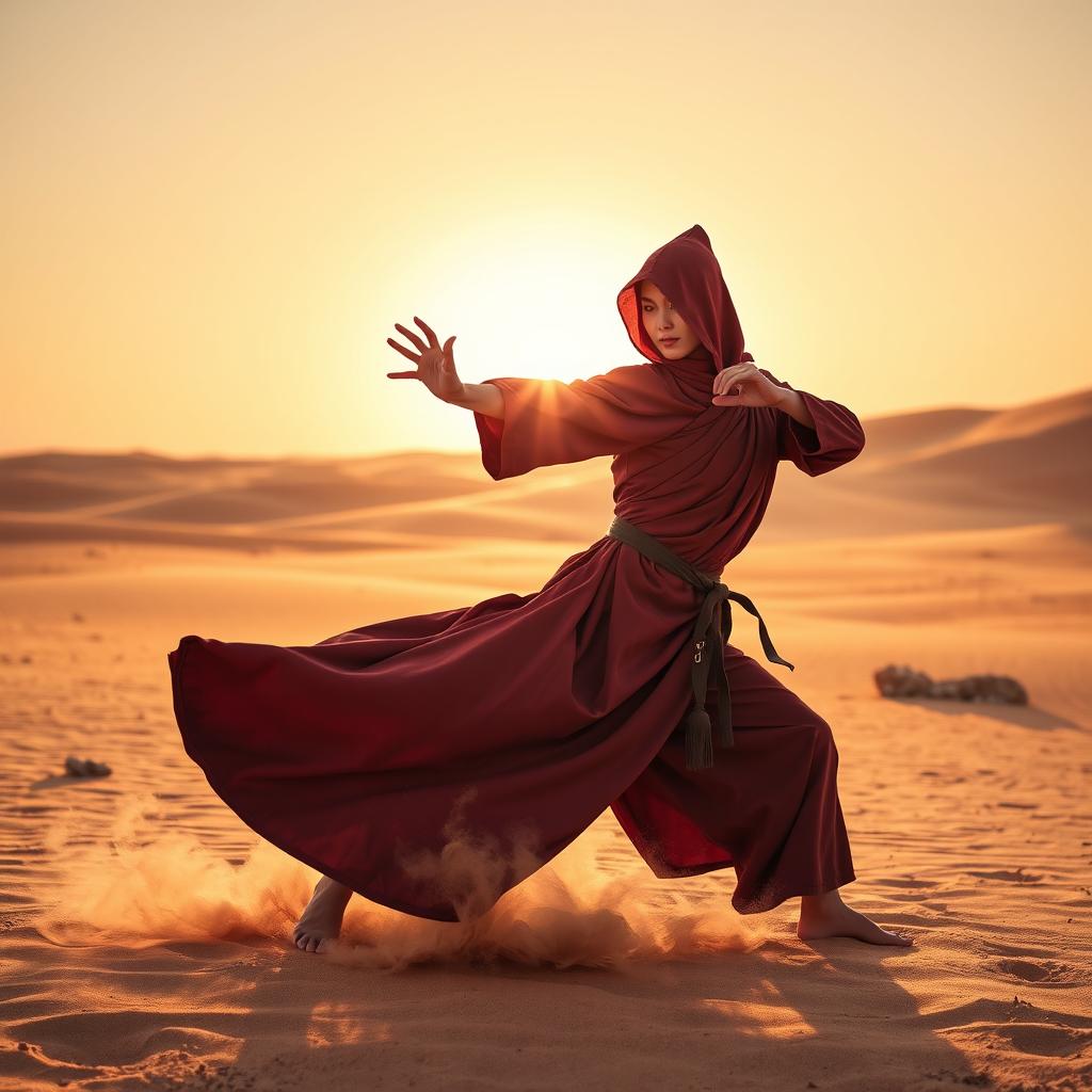 A female monk clad in a striking red hood and veil, positioned in an assertive fighting stance while executing a kata in a vast desert