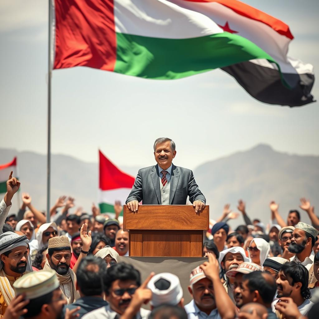 A powerful and inspirational scene depicting a leader of Yemen addressing a diverse crowd of enthusiastic citizens