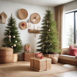 A living room abundantly decorated with bamboo and rattan, a corner Christmas tree embellished with various accessories and gift boxes, exuding a blend of Japanese and Scandinavian style.