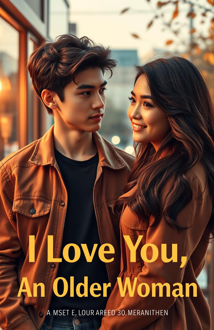 A book cover for 'I Love You, An Older Woman' featuring a handsome 20-year-old college student with a confident yet slightly shy expression, dressed in a casual jacket and jeans
