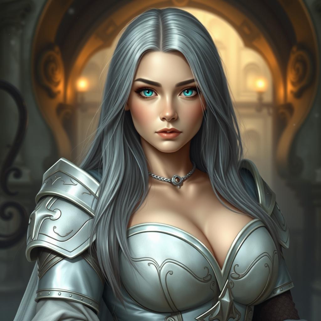 A busty, shy, delicate European cleric healer, embodying kindness and care, is depicted in a realistic style