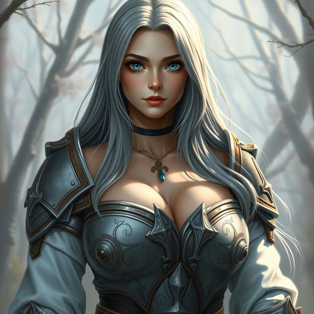 A busty, shy, delicate European cleric healer, embodying kindness and care, is depicted in a realistic style