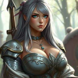 A busty, shy, delicate European cleric healer, embodying kindness and care, is depicted in a realistic style