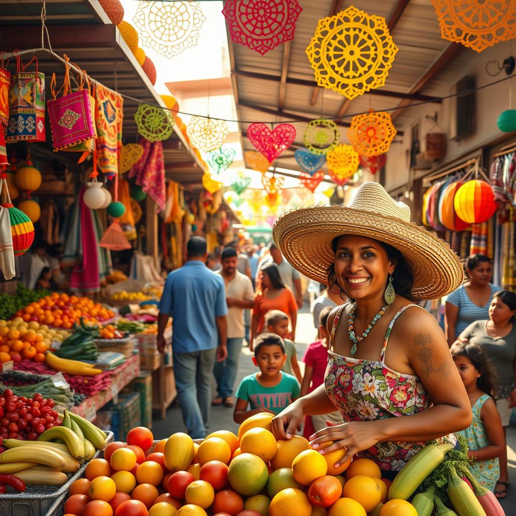 A warm and inviting scene featuring a bustling Mexican market, full of vibrant colors and lively atmosphere