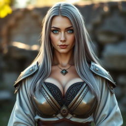 A busty, shy, delicate European cleric healer with large, beautiful natural breasts