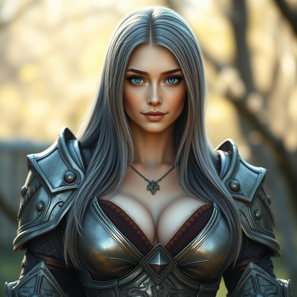 A busty, shy, delicate European cleric healer with large, beautiful natural breasts