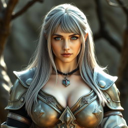 A busty, shy European cleric healer with an oval kind face, characterized by her long straight ash grey hair and bright turquoise eyes