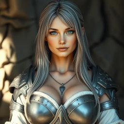 A busty, shy European cleric healer with an oval kind face, characterized by her long straight ash grey hair and bright turquoise eyes