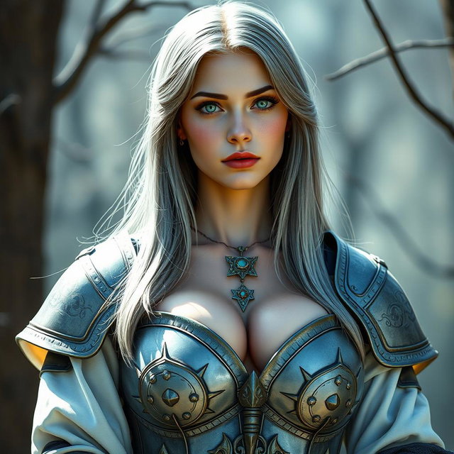 A busty, shy European cleric healer with an oval kind face, characterized by her long straight ash grey hair and bright turquoise eyes