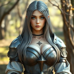 A busty, shy European cleric healer with an oval kind face, characterized by her long straight ash grey hair and bright turquoise eyes