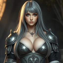 A busty, shy, delicate European cleric healer, featuring a slim and caring appearance
