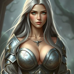 A busty, shy, delicate European cleric healer, featuring a slim and caring appearance