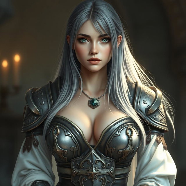 A busty, shy, delicate European cleric healer, featuring a slim and caring appearance
