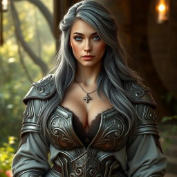 A real-life photograph of a busty, shy, and delicate European cleric healer