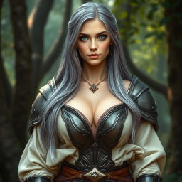 A real-life photograph of a busty, shy, and delicate European cleric healer
