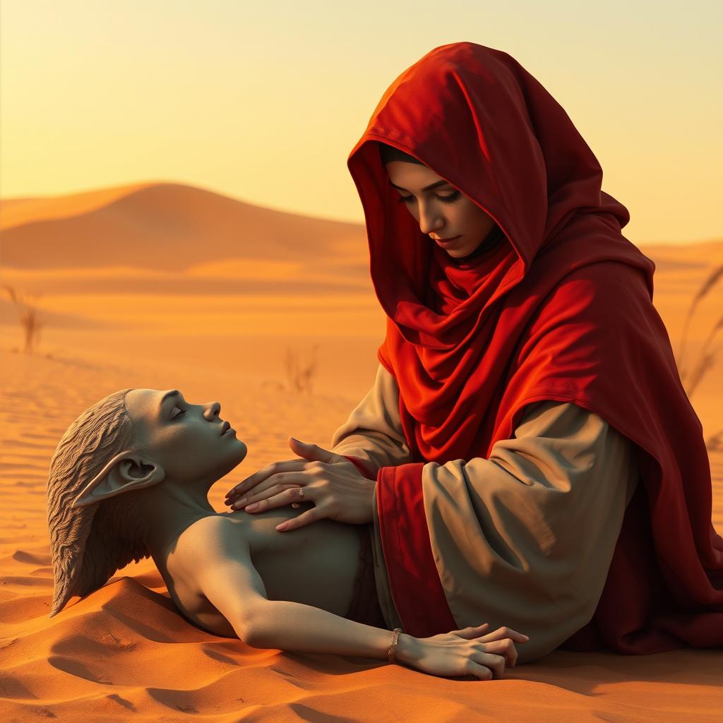 A female monk adorned in a vibrant red hood and veil, gently providing first aid to an injured elf in a vast desert setting