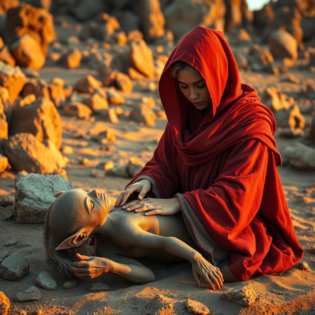 A female monk adorned in a striking red hood and veil, gently applying first aid to an injured elf in a rugged rocky desert