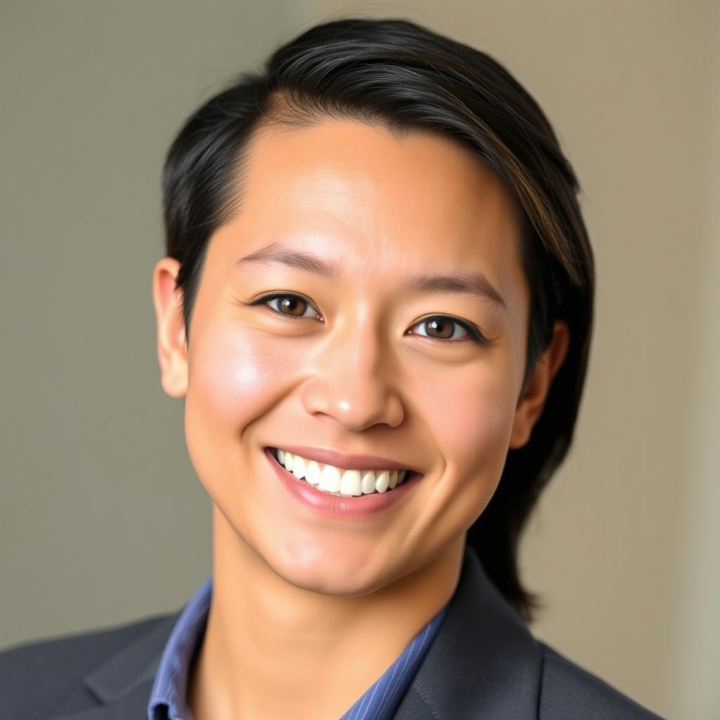 A professional headshot of a person, capturing a warm, approachable smile, with a neutral background that is softly blurred