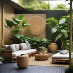 A lush backyard juxtaposing Japanese and tropical influences, adorned with bamboo and rattan accessories.