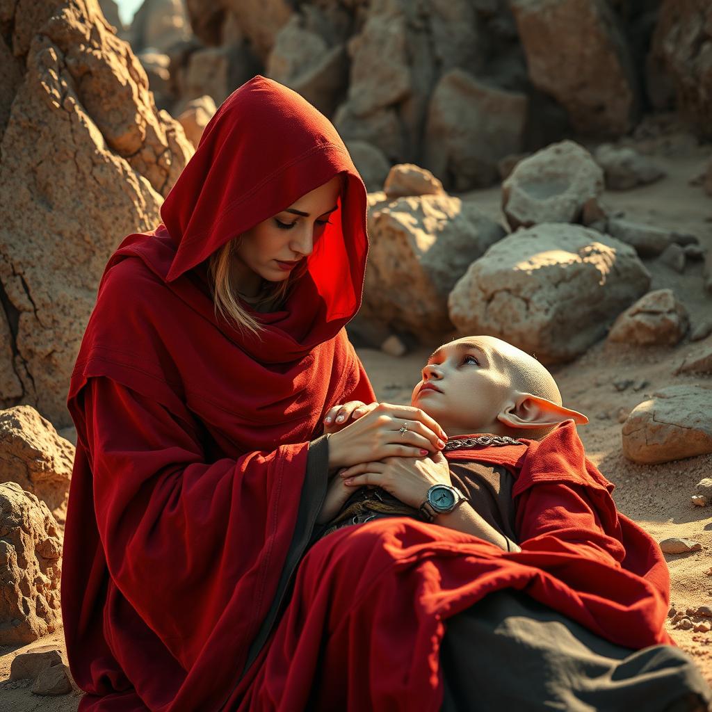A female monk dressed in a striking red hood and veil, carefully giving first aid to a DnD elf in a rugged rocky desert setting