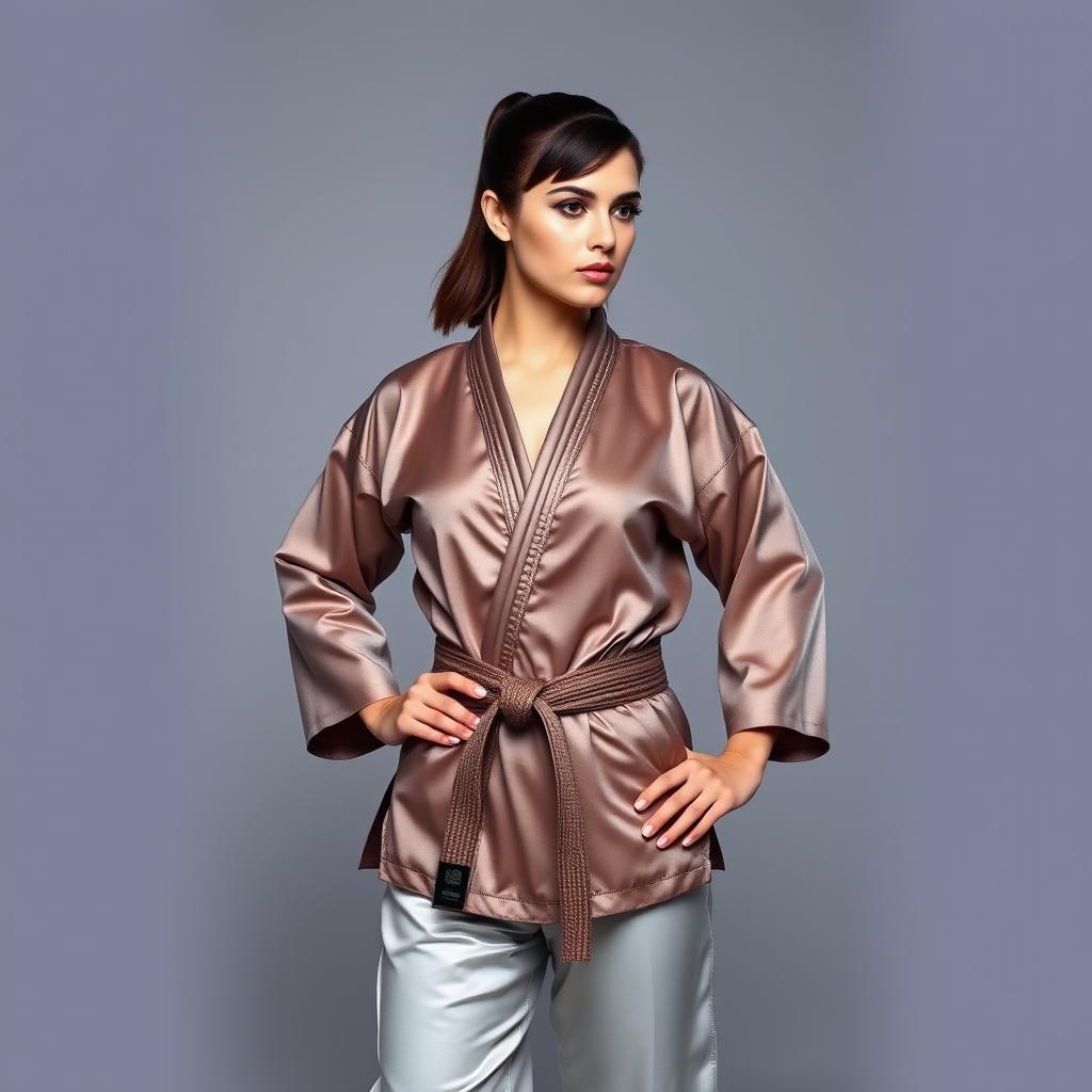 A beautiful Caucasian woman with a short brunette ponytail, wearing a shiny smooth silk satin karate gi