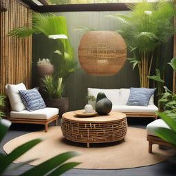 A lush backyard juxtaposing Japanese and tropical influences, adorned with bamboo and rattan accessories.