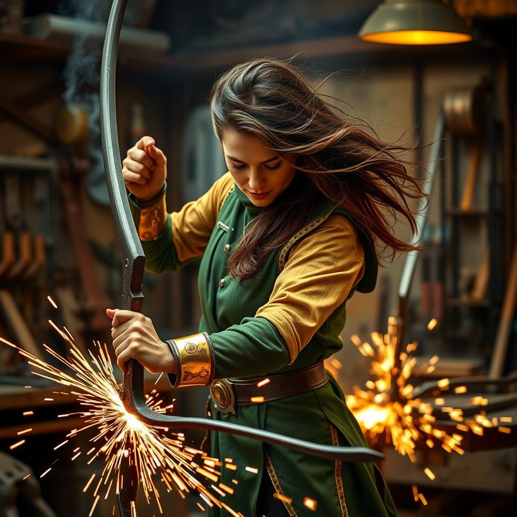 A woman in a dynamic pose welding a glaive, wearing clothes that are a beautiful mix of green and gold