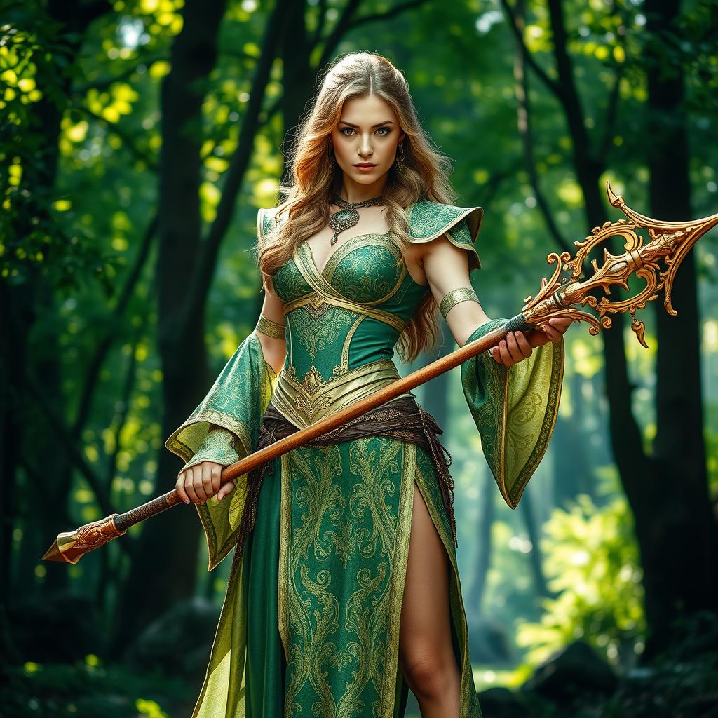 A strong and fierce woman standing proudly, wearing beautifully detailed mixed green and gold clothing that shimmers in the light