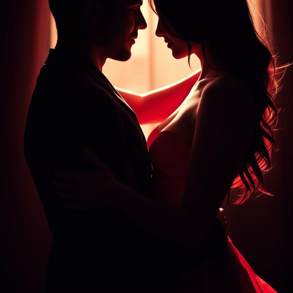 An intimate and cinematic moment capturing the silhouettes of a man and woman, their bodies artfully entwined in a tender embrace
