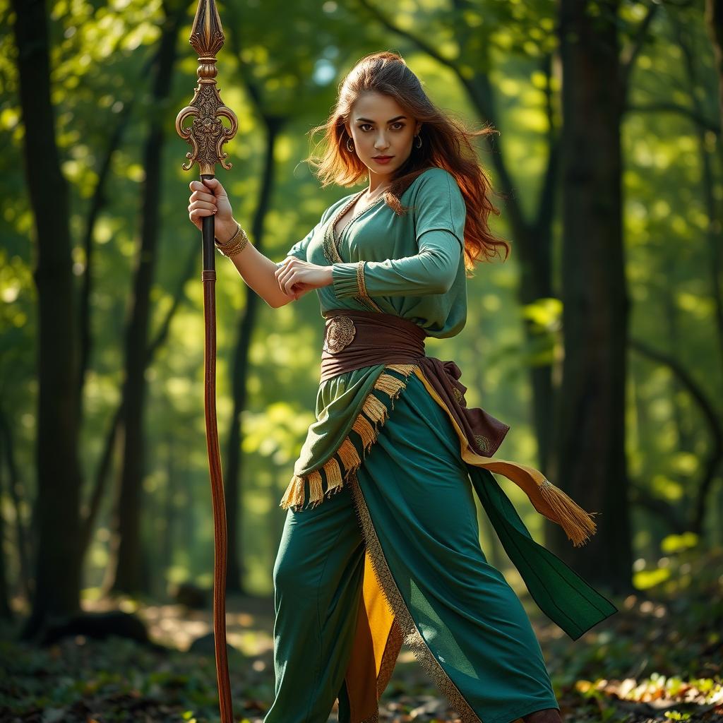 A powerful woman standing in a dynamic pose, wearing mixed green and gold pants and a matching tunic that flows elegantly with her movements