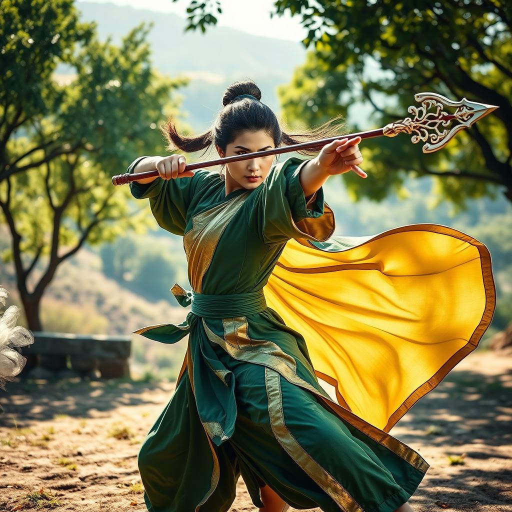 A dynamic scene featuring a powerful woman in the midst of a martial arts pose, wearing mixed green and gold clothing that flows gracefully around her