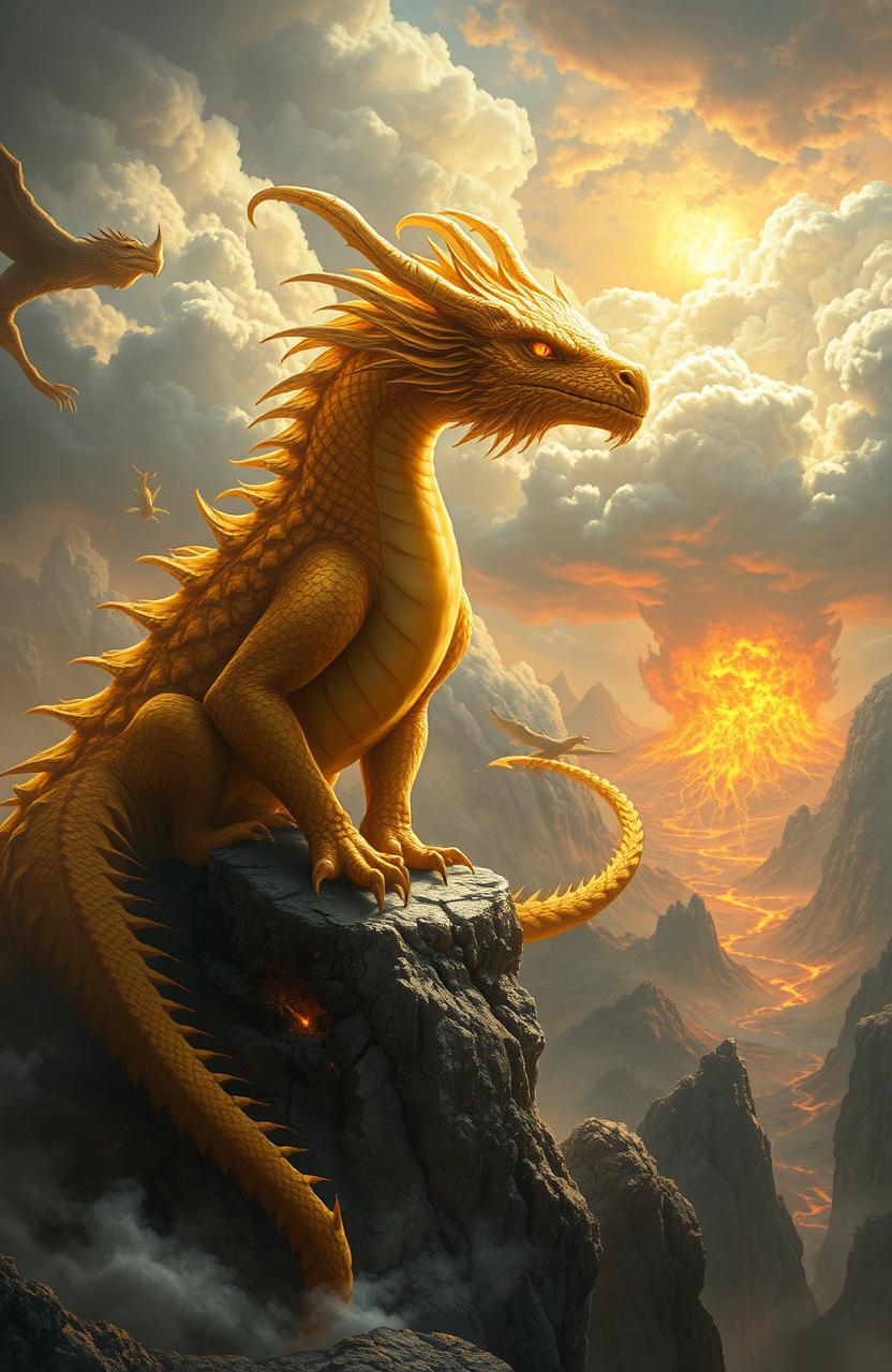 A majestic scene depicting Aurathor the Golden, an ageless dragon with golden scales that gleam like sunlight, perched on a rocky cliff
