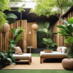 A lush backyard juxtaposing Japanese and tropical influences, adorned with bamboo and rattan accessories.