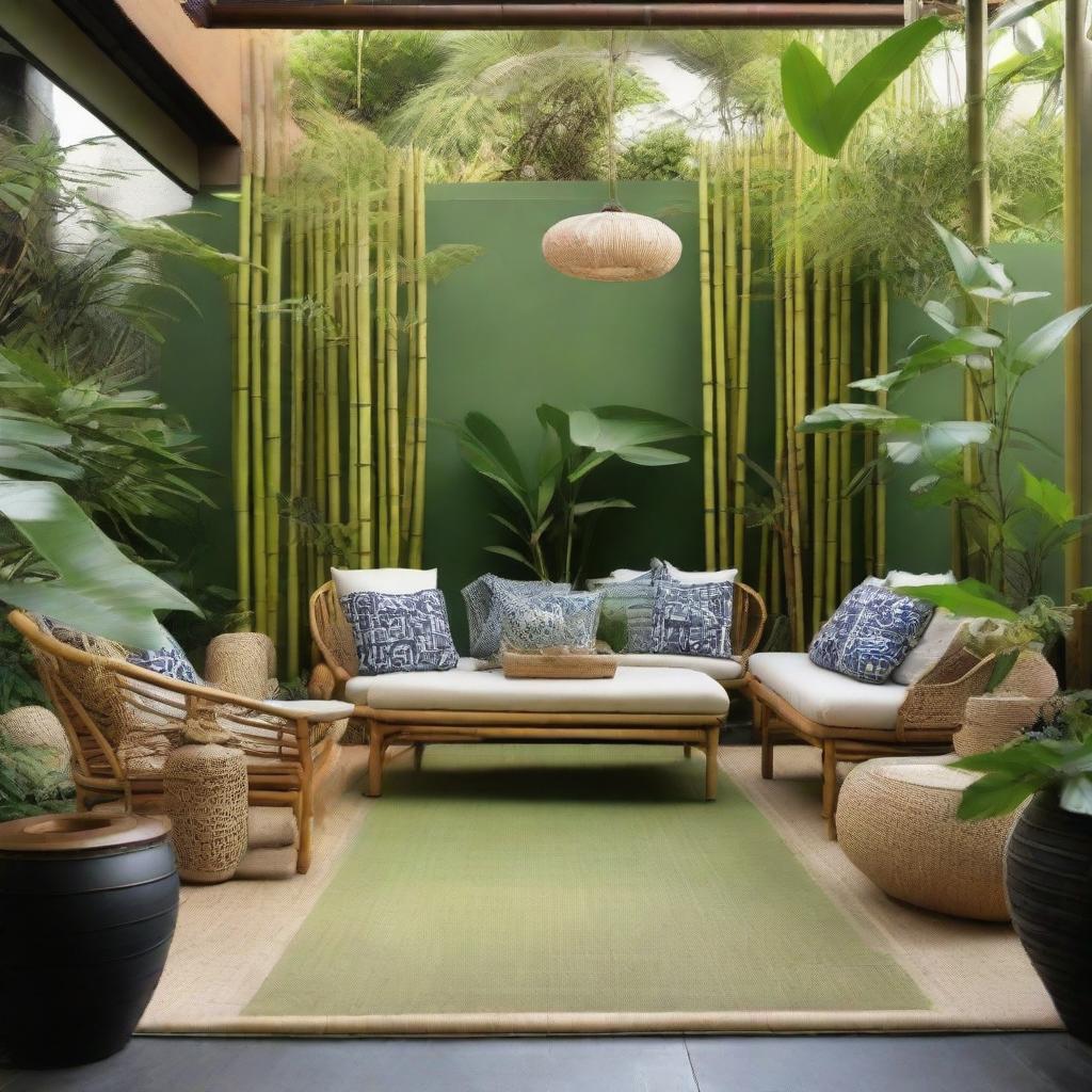 A lush backyard juxtaposing Japanese and tropical influences, adorned with bamboo and rattan accessories.