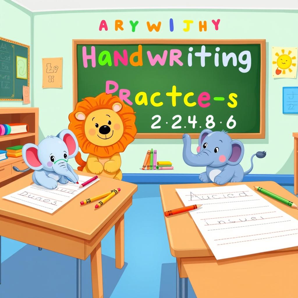 An engaging and colorful illustration titled 'Handwriting Practice for Preschool Kids', featuring a fun and playful classroom environment