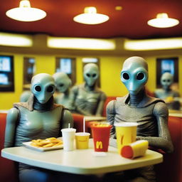 Extraterrestrial beings inconspicuously dining in a McDonald's, blending with everyday human society.